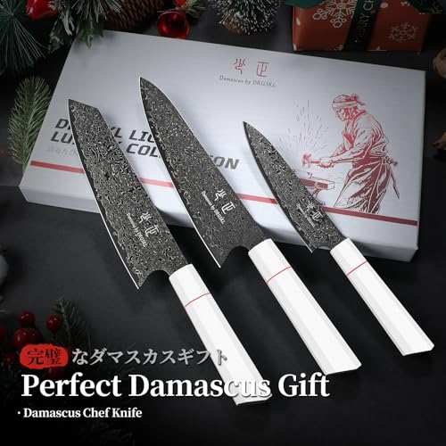 DRGSKL Japanese Knife Set Damascus - VG10 Kitchen Knife Set 3 PCS for Fruit, Vegetables, Fish and Meat - Japanese G10 Handle - Gifts for Men and Women - size: 8.2 inch