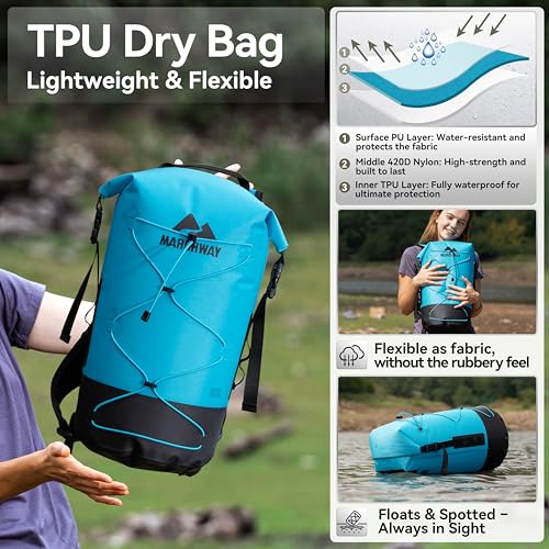 MARCHWAY Floating Roll Top Dry Bag, Flexible Lightweight TPU Waterproof Backpack 20L/30L/40L with Padded Straps for Boating, Kayaking, Swimming, Hiking, Beach (Blue, 40L) - color: Blue, size: 40L