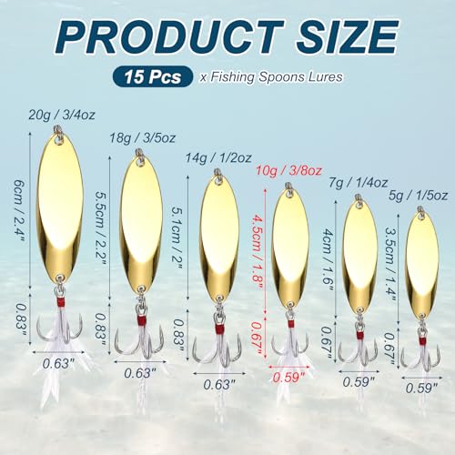 Fishing Spoons Lures, Metal Saltwater Treble Trout Lures Jigging Spoon with Treble Hooks Spinner Baits for Freshwater - color: Gold, size: 10g / 3/8oz