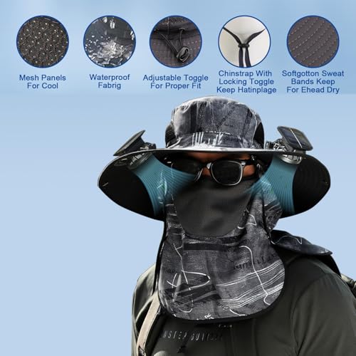 Solar Fan Hat, Wide Brim Solar Fan Outdoor Fishing Hat, 2 Solar Fan Hats for Men, USB Waterproof Outdoor Hiking Camping Fishing Hat with Removable Neck Flap and Face Cover for Fishing Black
