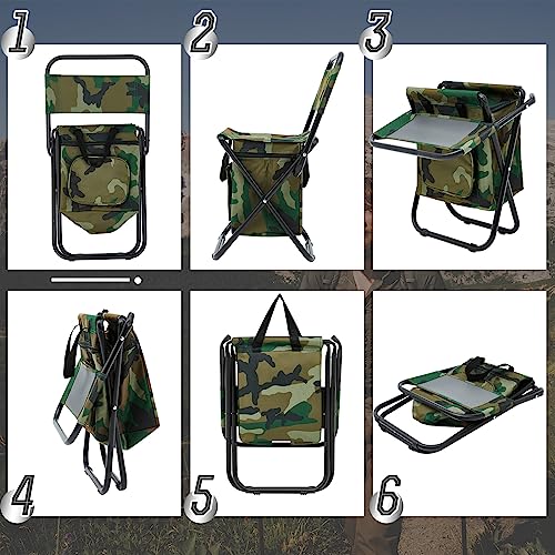 Jerify 2 Pcs Fishing Chair with Cooler Bag Multi-Function Foldable Compact Fishing Stool Hunting Chair Portable Backrest Stool with Folding Backpack for Finishing Camping Hunting Travel(Camo Color) - color: Camo Color