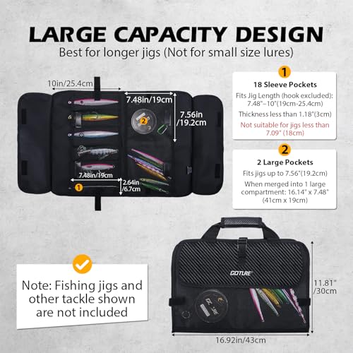 Goture Fishing Jig Bag,20 Mesh Pockets Portable Water-Resistant 600D PU Fishinig Lure Bag Saltwater Freshwater Suitable For Max 10" Length Vertical Jig Slow Pitch Jigging Bait Storage (16.92"x11.81") - color: B:16.92”x11.81”