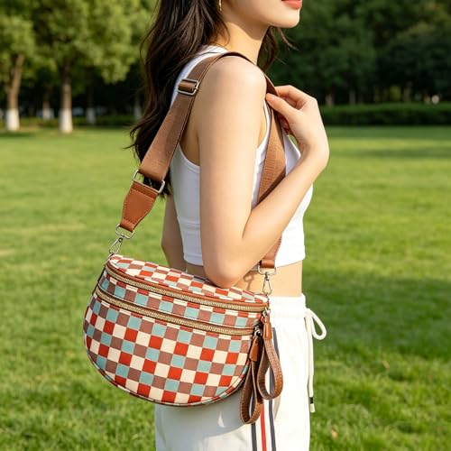 Checkered Crossbody Bum Bags for Women Nylon Checkered Purse Checkerboard Fanny Pack - color: B01-orange Green