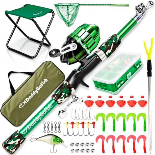 DaddyGoFish Kids Fishing Pole - Rod Reel Combo Tackle Box Starter Set - First Year Small Dock Gear Kit for Boys Girls Toddler Youth Age Beginner Little Children Junior Anglers - color: Green (Complete Set), size: 5ft