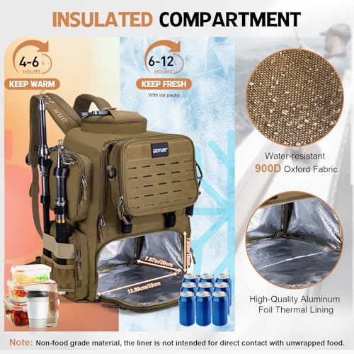 Goture Fishing Backpack, 58L 900D Water-Resistant Insulated Tackle Backpack with Cooler, Rod Holders, 8 Lure Pockets, Detachable Crossbody Bag, Gear Storage Large Fishing Bag for Camping Hiking - color: Khaki