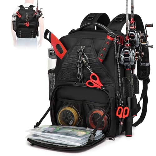 Fishing Tackle Backpack with 2 Rod Holders, Water-Resistant Fishing Gear Storage Bag, Tackle Bag for Fishing Equipment, Fisher Gifts For Men, Black - color: A-Black(Without tackle box)