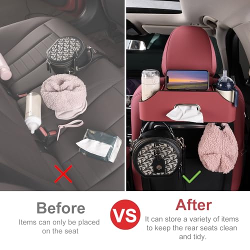Car Rear Backseat Extra Multifunctional Drink Cup Holder Organizers With Tissue Storage Box Organizer & Hooks For Car Seat Back. Red - color: Red