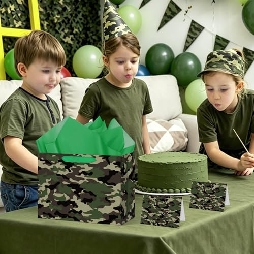 Hooqict Large Camo Gift Bag Camouflage Birthday Gift Wrap Bag with Handles, Tissue Paper, Greeting Cards for Kids Boys Men Military Army Birthday Party Decorations Goodie Treat Party Favors - color: Camo