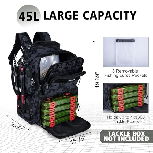 Goture Fishing Backpack,900D Water-Resistant Tackle Backpack with Rod Holders, SBS Zippers,45L Large Fishing Bag Storage Gear Tackle Bag with Rain Cover, Bottle Holder for Travel Camping Hiking - color: A1:60# Camo(Only Bag), size: Without Tackle Boxes