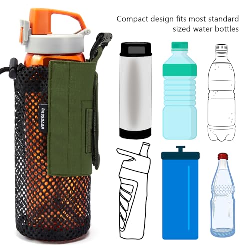 BASSDASH Tactical Molle Water Bottle Pouch with Carabiner Foldable Mesh Holder Bag for Travel Fishing Hunting Hiking Outdoor Activities - color: Army Green with Upgraded Molle Straps