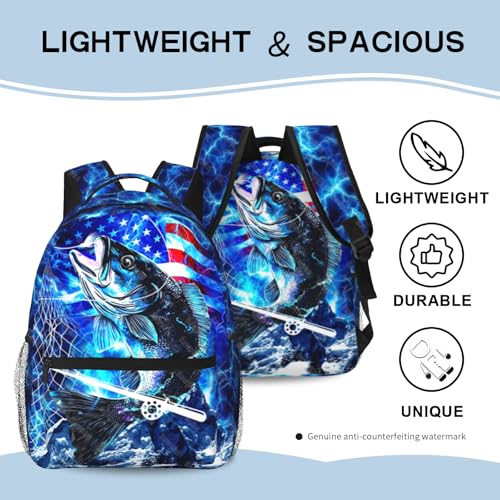 Bass Fish Backpacks for Kids Blue American Flag Schoolbag for Teenage Girls Boys Cute Children Book Bag for Preschool Kindergarten Bookbags Nursery Daycare Back to School Gifts - color: American Fish 01