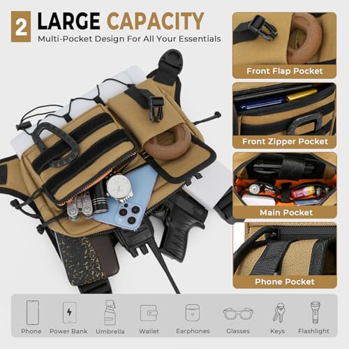 Muserise Outdoor Chest Bag For Men and Women, Tactical Vest For Running, Cycling, EDC Chest Pack Rig For Sports and Workouts - color: Khaki