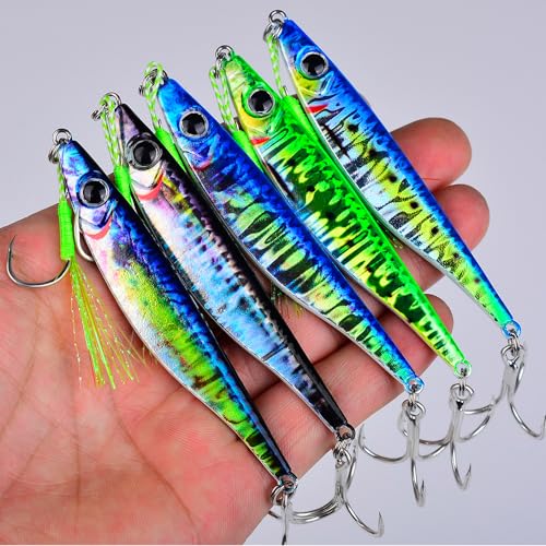 Saltwater Fishing Jigs - Jig Fishing Vertical Jig Speed Slow Pitch Jigging Spoon Hard Bass Fishing Lure - Blade Baits Lures with Assist Hook Paillette Artificial Fishing Lures 5pcs/Set