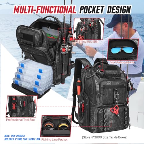 Fishing Tackle Backpack, 40L Tackle Bag with 2 Rod Holders & 4 Tackle Boxes, Water-Resistant Large Storage Fishing Gear and Equipment, Fisher Gifts for Men, Black Camo - color: B-Black Camo with 4 Tackle Boxes