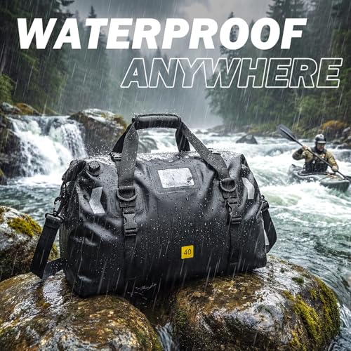 Waterproof Duffel Bag 40L - Heavy Duty Dry Bag Backpack for Motorcycle Travel, Kayaking, Boating & Camping - Watertight Roll Top Gear Bag with Air Valve & Reflective Strips for Men, Women - color: black, size: 40L