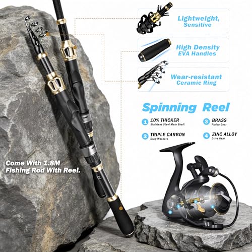 PLUSINNO Fishing Gear, Fishing Backpack with Fishing Rod, Tackle Box, Waterproof Tackle Backpack with Rod Holders,Lures, Tools, Pliers & Accessories, Fish Gifts for Men - color: Fishing Backpack with Fishing Rod and reel combo fishing gear