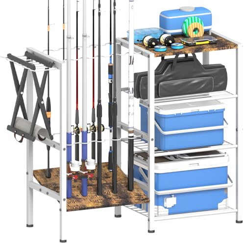 Fishing Rod Holders for Garage, Fishing Pole Holder Stand with Multifunctional Hook, 4 Tier Fishing Gear Equipment Organizers Rack, Fits Most Rods of 1.58" for Home Entryway Corner - color: White