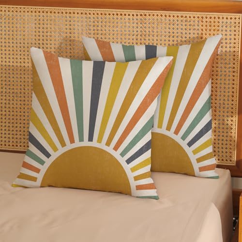 Summer Pillow Covers 16x16 Inch 2 Pcs Boho Mustard Yellow Sunshine Outdoor Decor Throw Pillows Stripes Rainbow Sun Farmhouse Holiday Decoration Pillowcase Linen Cushion Cover for Couch Sofa Bed - color: Boho Sun 01, size: 16" x 16" (Pack of 2)
