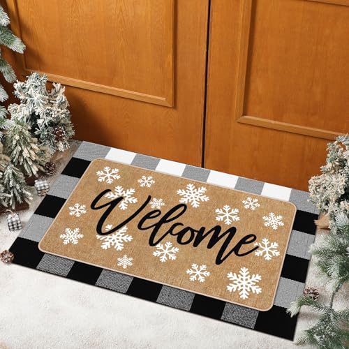 Tinideya 2 Pcs Winter Snowflake Doormats Christmas Layered Welcome Outdoor Door Mats with Buffalo Plaid Front Door Rug Non Slip Floor Mats for Porch Entryway Xmas Holiday Seasonal Decor - size: 16 x 28 Inch,24 x 35 Inch, style: Snowflake