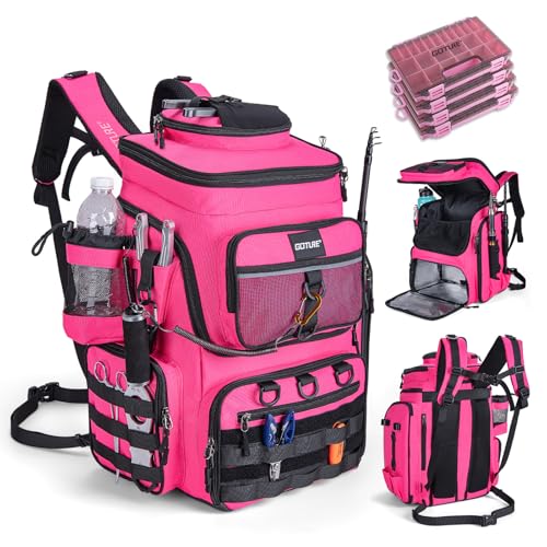 Goture Fishing Backpack with 4 Tackle Boxes, 900D Water-Resistant Tackle Backpack with Rod Holders,Insulated Cooler Compartment, 55L Large Capacity Fishing Gear Storage Bag for Saltwater & Freshwater - color: A3:pink(4 Tackle Boxes Included)