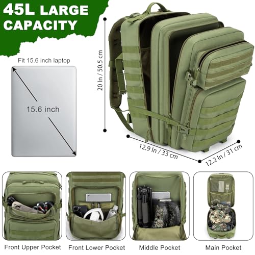 Tactical Backpack 45L Army Military Rucksack, Water Resistant MOLLE Pack, Large 3 Day Bug Out Bag for Men & Women, Durable Outdoor Gear for Hiking, Camping, Hunting, Travel(ArmyGreen) - color: Armygreen