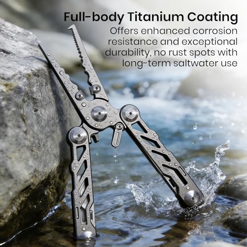 Pristis Foldable Fishing Pliers with Multitools, Saltwater Resistant Titanium Coated Stainless Steel, Portable Full-Sized Forceps with Tungsten Line Cutter, Ring Splitter, Hook Remover and Multi Tool