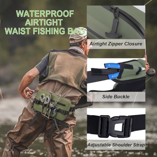 2.1L Waterproof Waist Bag - TPU Military Green Packet with Airtight Zipper Closure, Lightweight Sling Bag for River Fly Fishing