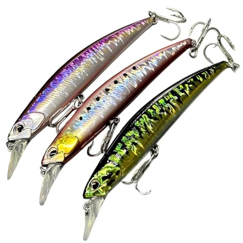 3pcs Iridescent Minnow Fishing Lures Set - 5" Sink Swimbaits, Ultra Long Casting, High-Index Plastic, Multi-Color with Treble Hooks Clear Storage Box - Perfect for Sea Fishing Bait - color: AH1328B-5'' 1oz