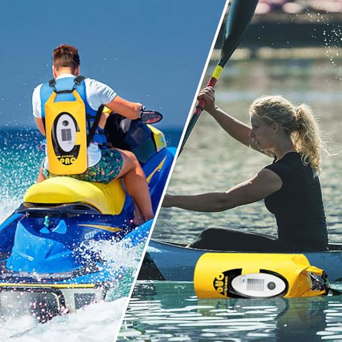 Qoolife Dry Bag Waterproof with Solar Bluetooth Speaker & Light - 10L/20L Roll Top Dry Sack Keeps Gear Dry for Men Women Kayaking, Beach, Rafting, Boating, Hiking, Camping and Fishing - color: Yellow with BT Speaker, size: 10L