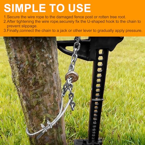 Fence Post Puller,Stump Remover Tool with Thickened 1/3-inch Galvanized Steel Wire Rope and Chain,Works with Jack or Lever to Extract the 4x4 Posts or Replace Any Broken or Rotten Fence Posts