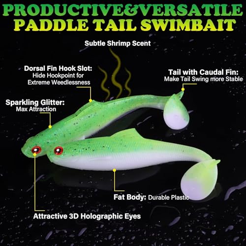 LUCKYFISHING Paddle Tail Swimbaits Soft Plastic Swimbaits Soft Baits for Bass Fishing Trout Crappie Walleye Freshwater Saltwater 10/16/20 PCS Soft Plastic Baits 4/3.5/3/2.5 Inch - color: Green, size: 2.5 inch-20pcs