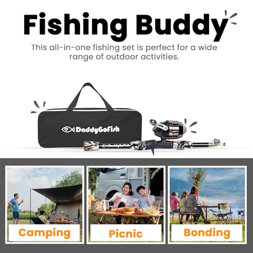 DaddyGoFish Kids Fishing Pole - Rod Reel Combo Tackle Box Starter Set - First Year Small Gear Kit for Boys Girls Toddler Youth Age Beginner Little Children - color: Black (Essential Set), size: 4ft