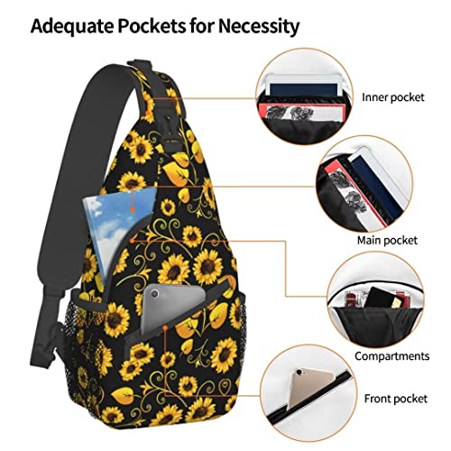 Sunflower Sling Bag Crossbody Backpack for Men Women Seamless Sunflower Leaves Yellow Flowers on Black Background Chest Bag Adjustable Casual Shoulder Backpack Travel Hiking Daypack - color: Yellow Sunflower Leaves