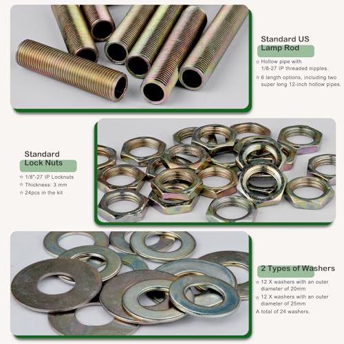 Lamp Rod,All Thread Lamp Pipe,Lamp Repair Assortment of Hardware,Yellow Zinc Coated, Includes 12" Lamp Pipe Nipples, 24 Washers, 24 Lock Nuts - size: 9-Kit Set - Pipe Nipples, Washers, Lock Nuts