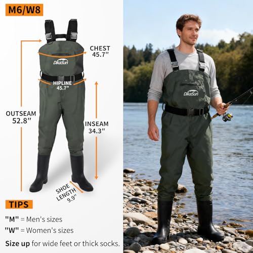 Fishing Waders for Men & Women, Waterproof 2-Ply Nylon/PVC Chest Wader with Boots for Outdoor Sizes 4-13 Bootfoot - color: Green, size: US-M6/W8