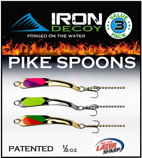 IRON DECOY Spoon Fishing Lures 3-Pack, Multi-Species Metal Spoons for Trout, Walleye, Bass, Salmon, Pike, Ice Fishing & Trolling, Vibrating Spoon Lure Kit - color: Northern Pike, 1/2 oz