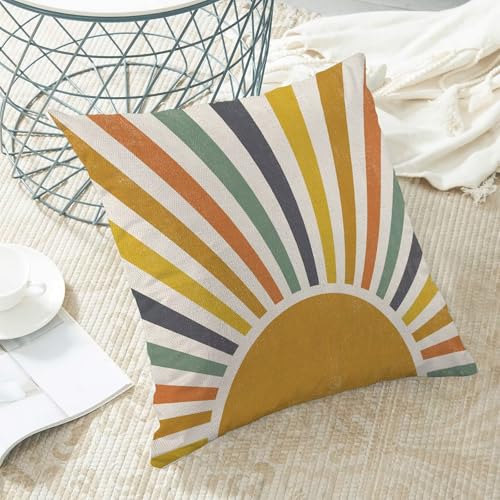 Boho Stripes Pillow Covers 16 x 16 Set of 2, Summer Yellow Rainbow Sun Outdoor Decorative Throw Pillows Farmhouse Linen Sunshine Cushion Case for Home Couch Sofa Decor - color: Sun2, size: 16" x 16" (Pack of 1)