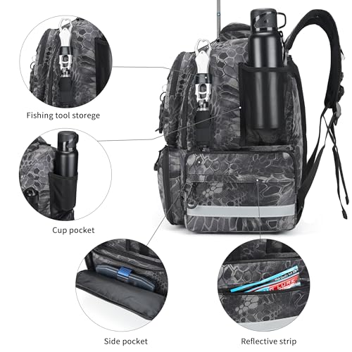 Rabjen Fishing Tackle Backpack, 45L Storage Waterproof Travel Bag Store Fishing Gear with Insulated Top Pocket - color: Camouflage Black, style: Standard Size 4 Tackle Boxes Included 900d Nylon