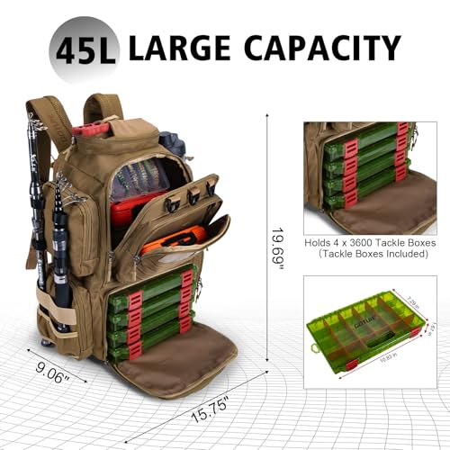 Goture Fishing Backpack with 4 Tackle Boxes,900D Water-Resistant Tackle Backpack with Rod Holders,45L Large Fishing Bag Storage Gear Tackle Bag with Rain Cover,Bottle Holder for Travel Camping Hiking - color: A1:khaki With 4 Tackle Boxes