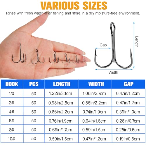 50 Pack Fishing Treble Hooks Kit High Carbon Steel Fish Hook Strong Sharp Round Bend Split Rings for Lures Baits Saltwater Freshwater Fishing Size 1/0 2 4 6 8 10 - color: Black, size: 8# - 50pcs