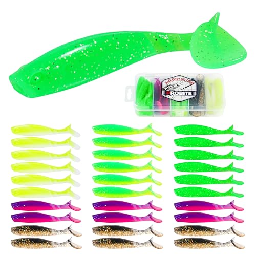 30pcs Soft Plastic Swimbaits with Paddle Tail, T-Tail Fishing Lures for Vertical Jigging and Casting, Freshwater Swimbaits for Bass, Trout, Walleye & Crappie - color: Segmented, 2.5''