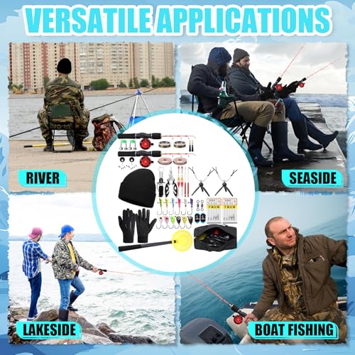 42 Pcs Ice Fishing Rod and Reel Combos Ice Fishing Rod and Holder with Carrier Bag, Pliers, Lip Grip, Reel, Lures, and Accessories Kit for Men Beginner Winter