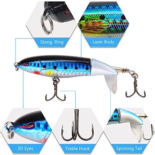 Topwater Bass Fishing Lure Kit, Plopping Propeller Tail Bigger Splash Whopping, Soft Plastic Frog Bait 3D Eyes Lifelike Body Pattern, for Bass Snakehead Musky Pike Walleye, 5 pcs… - color: A Group