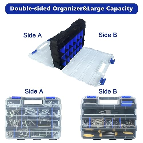 Tools Organizer Box Small Parts Storage Box 50-Compartment Double Side Hardware Organizers with Removable Plastic Dividers for Screws, Nuts, Nails, Bolts, Blue - color: Blue