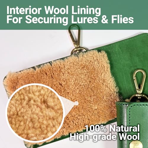 Green Leather Fishing Lure Case | Fly Wallet With Wool Lining (Green) - color: Green
