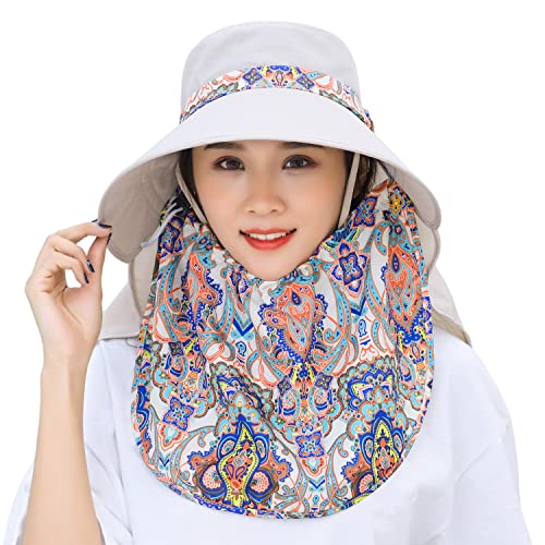 Women Wide Brim Face Mask Sun Hat Detachable Neck Face Flap Ponytail UV Protection Visor Hat Garden Fishing Hiking - color: M9099-mise