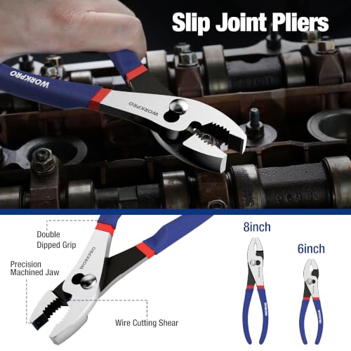 7-piece WORKPRO Pliers Set with Groove Joint, Long Nose, Slip Joint, Linesman, and Diagonal Pliers for DIY & Home Use - color: Red, Blue