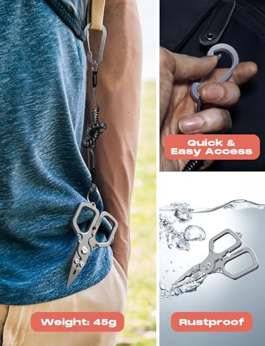 HOOK-EZE Titanium Fishing Pliers, 4.1" Saltwater Resistant Fishing Scissors,Tungsten Cutters, Knot Tying Tool with Lanyard, Split Ring Hook Remover, Gifts for Men