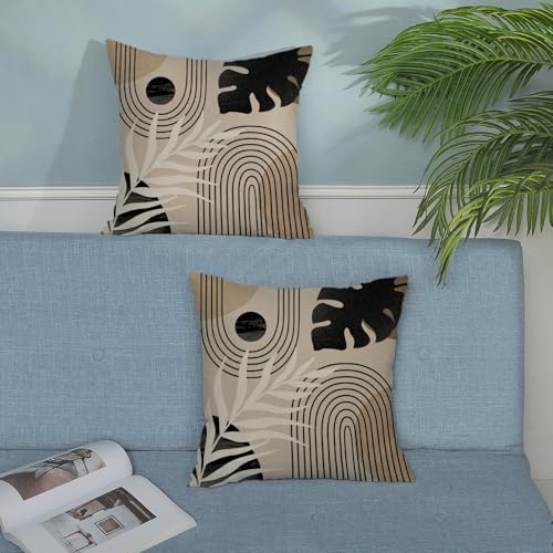 Black Boho Pillow Covers 16x16 Inch 2 Pcs Beige Brown Tropical Leaf Mid Century Summer Outdoor Decor Throw Pillows Modern Geometry Farmhouse Decoration Pillowcase Linen Cushion Cover for Couch - color: Black Brown Beige Boho, size: 16" x 16" (Pack of 2)