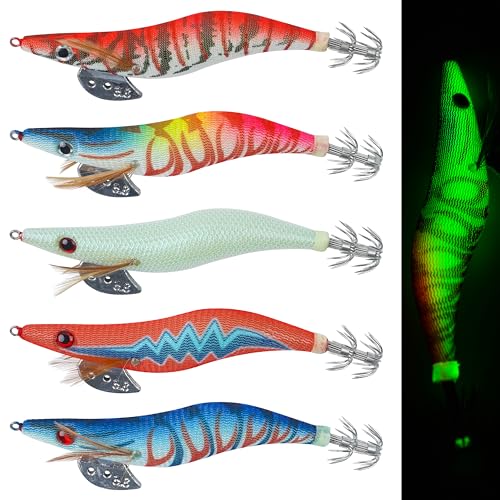 Glow Squid Jig Saltwater Squid Lures, 5/10pcs Luminous Squid Jig Hooks Shrimp Prawn Lures Fluorescent Cuttlefish Sleeve Octopus Jigs Artificial Baits Night Fishing Tackle Size 2.5# 3# 3.5# - size: 3.0#-10pcs